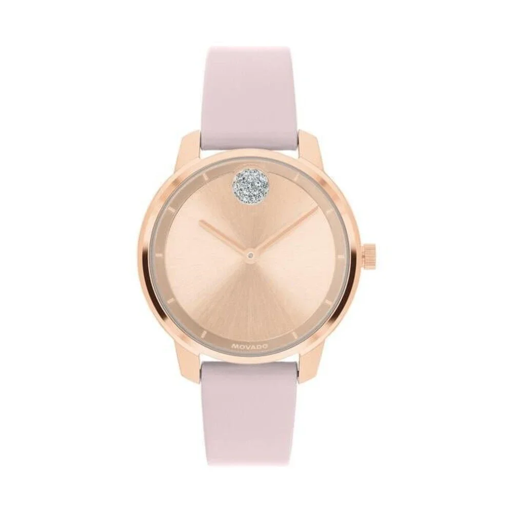 MOVADO TREND ELEMENT 3601344 GOLD DIAL ROSE GOLD LEATHER STRAP 34MM WOMENS WATCH